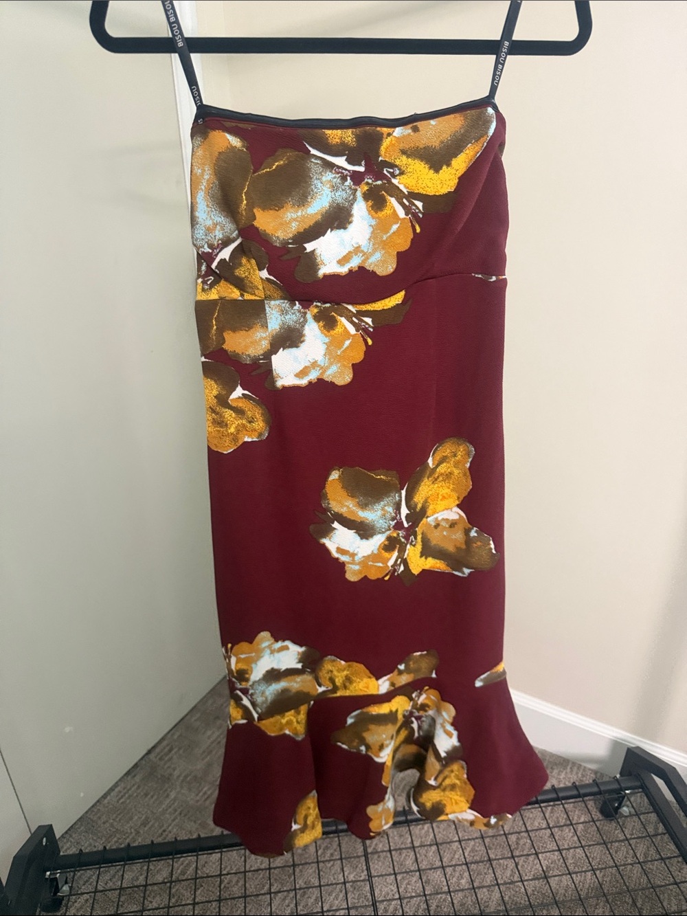 Bisou Bisou Maroon Midi Slip Skirt with Gold and White Floral Print